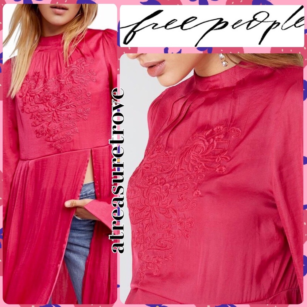 Free People New Day XS Pink Fuchsia Embroidered Silky Tunic Front Slit Maxi Top